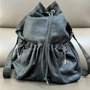 Vintage DKNY Backpack Purse Black Linen Look Drawstring Top Silver Accents 90s